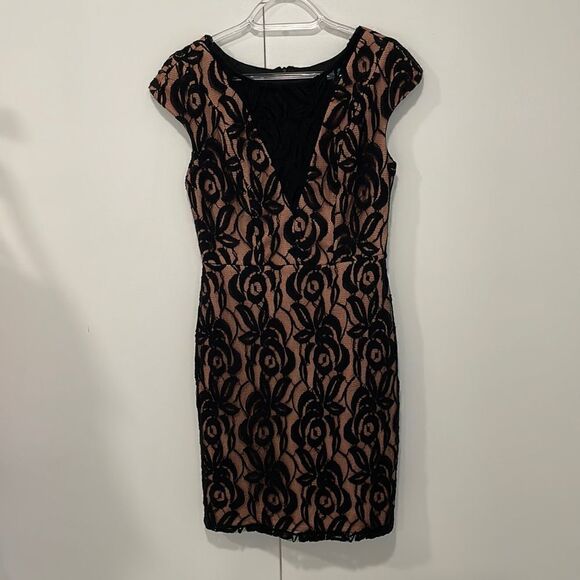 EVA FRANCO Anthropologie black pink lace sheer front midi cocktail dress S - Picture 1 of 9